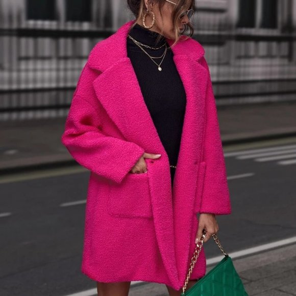 Pocketed  Lapel Neckline faux fur Teddy Coat jacket Hot Pink - Picture 2 of 6
